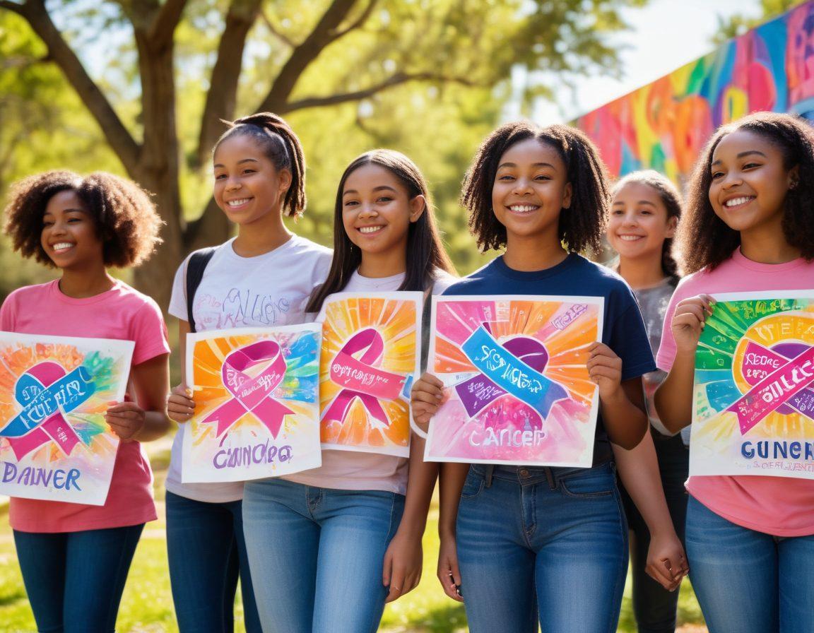 A diverse group of empowered teens standing together, holding vibrant posters about cancer awareness, with bright smiles and a supportive atmosphere. In the background, a colorful mural depicting cancer ribbons and words of hope. The setting is lively, featuring greenery and sunlight filtering through trees, symbolizing growth and strength. Focus on unity and positivity. super-realistic. vibrant colors. inspirational.