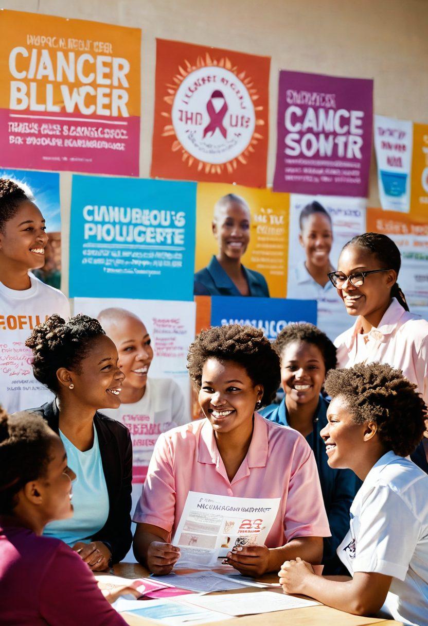 A diverse group of passionate individuals engaging in a community discussion about cancer awareness, surrounded by educational posters and pamphlets. Bright sunlight streaming in, creating a warm and inviting atmosphere. Include elements of advocacy such as ribbons and banners, with a backdrop of a school or community center. Show vibrant interactions and expressions of empowerment on their faces. super-realistic. vibrant colors. community setting.